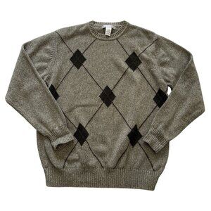 Geoffrey Beene Gray Argyle Sweater L 100% Cotton Crew Neck Grandpa Preppy Mens